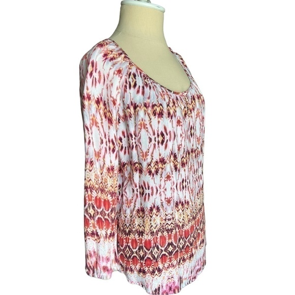 Kenar Boho Tribal print Pink Coral 3/4 Sleeve flowy lightweight blouse in Medium - Picture 4 of 10